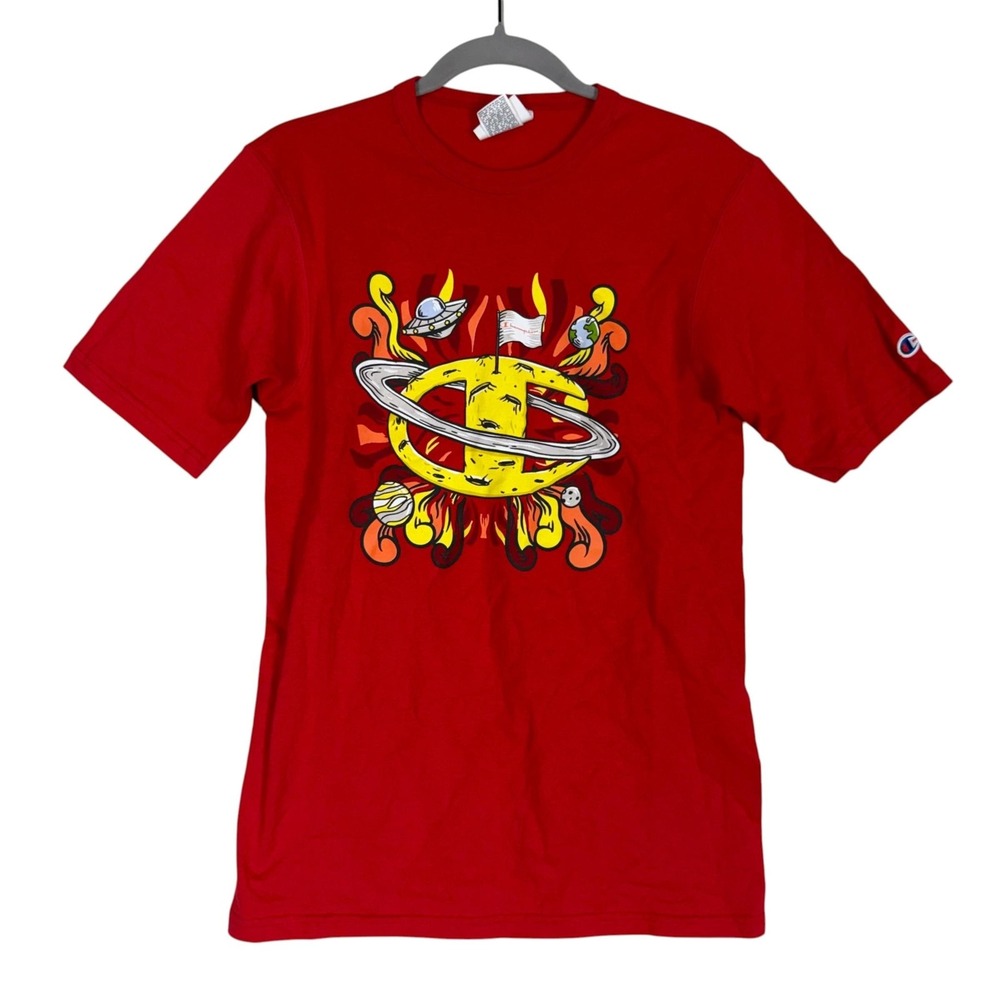 Champion Shirt Mens Small Red Space Planet Logo Graphic Tee Short Sleeve Cotton